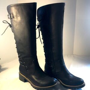 Womens Global win Lace Up Back Side Zip Black Vegan Leather Steam Punk Moto Boot